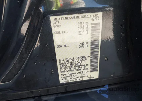 2015 Nissan Altima 3.5 S/3.5 Sl/3.5 Sv z USA, uszkodzony, nr VIN 1N4BL3AP0FC263504